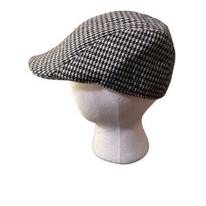 Vintage Houndstooth Newsboy Flat Cap • Black White Ivy Hat • Unisex Retro Style